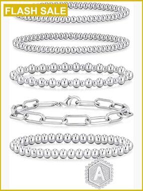 14K Gold Plated Beaded Bracelet Set 5-Pack Stackable Stretch Bracelets